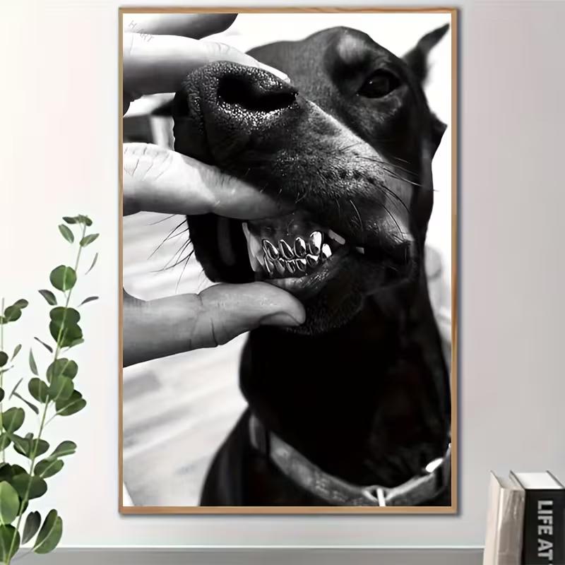 Depiction of a Doberman Without a Frame, Featuring Golden Teeth, Perfect for Enhancing The Decor of Your Living Room, Bedroom, Or Office