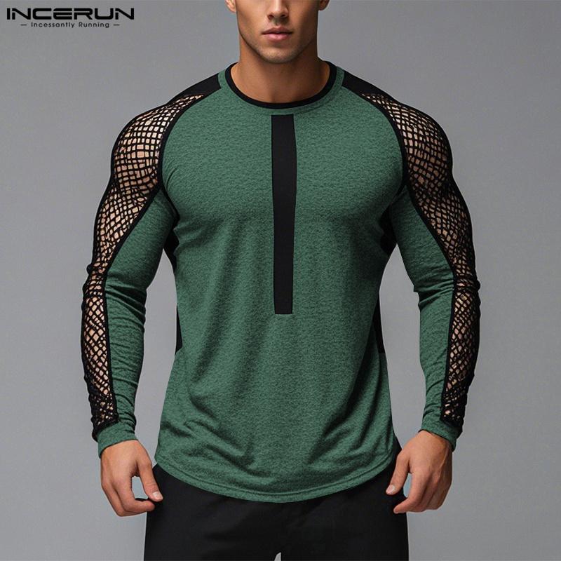 INCERUN Мужские сетчатые футболки с круглым вырезом и длинным рукавом в стиле пэчворк, прозрачные футболки, майки
