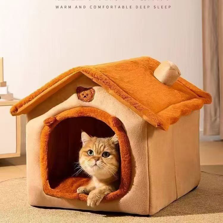 Detachable Cat Cave Bed - Winter Warm Pet House for Cats & Small Dogs, Soft Polyester Cave Nest with Removable Washable Cover