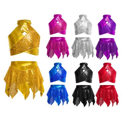 Детский сценический кроп-топ с блестящими пайетками, металлический, с перекрещенными лямками на спине и вырезом-капелькой, асимметричная юбка, комплект для джазовых танцев, для соревнований