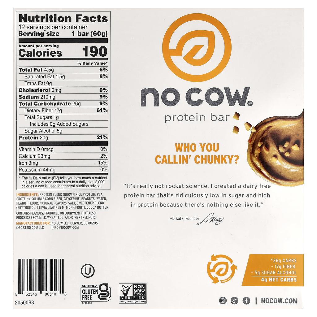 No Cow Protein Bar, Chunky Peanut Butter, 12 Bars, 60g (2.12oz) Each