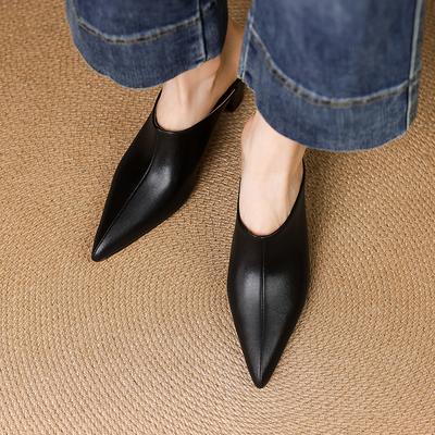 Модные летние женские сандалии, туфли из натуральной кожи для женщин, с острым носком, на высоком каблуке, женские шлепанцы с закрытым носком, на массивном каблуке, женские мюли