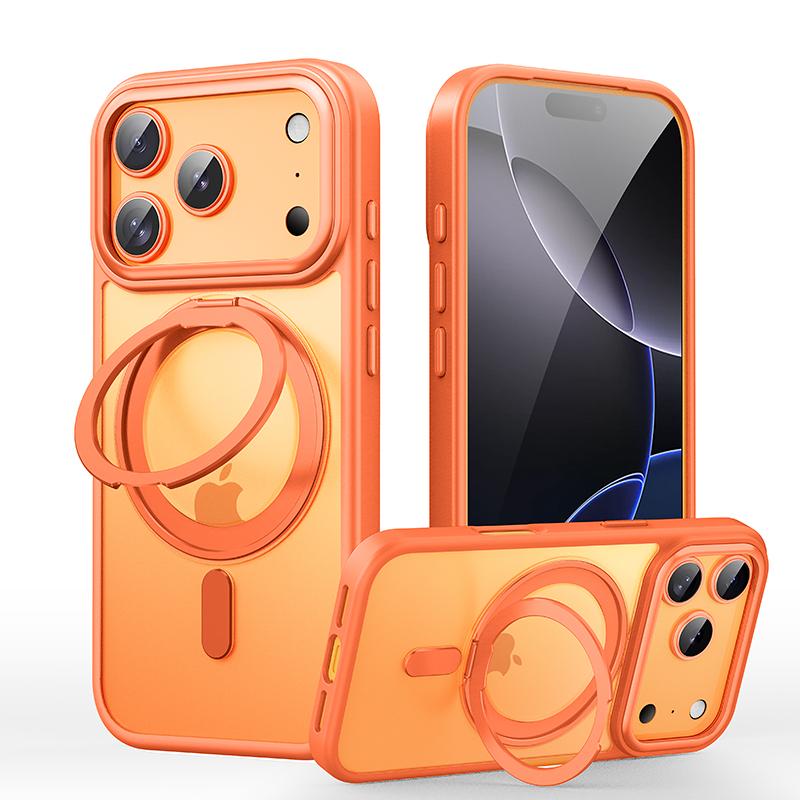 360° Rotating Stand Magnetic Orange Case for IPhone 17 Pro Max 17Air 17Pro Luxury Metal Button Folding Bracket Shockproof Cover