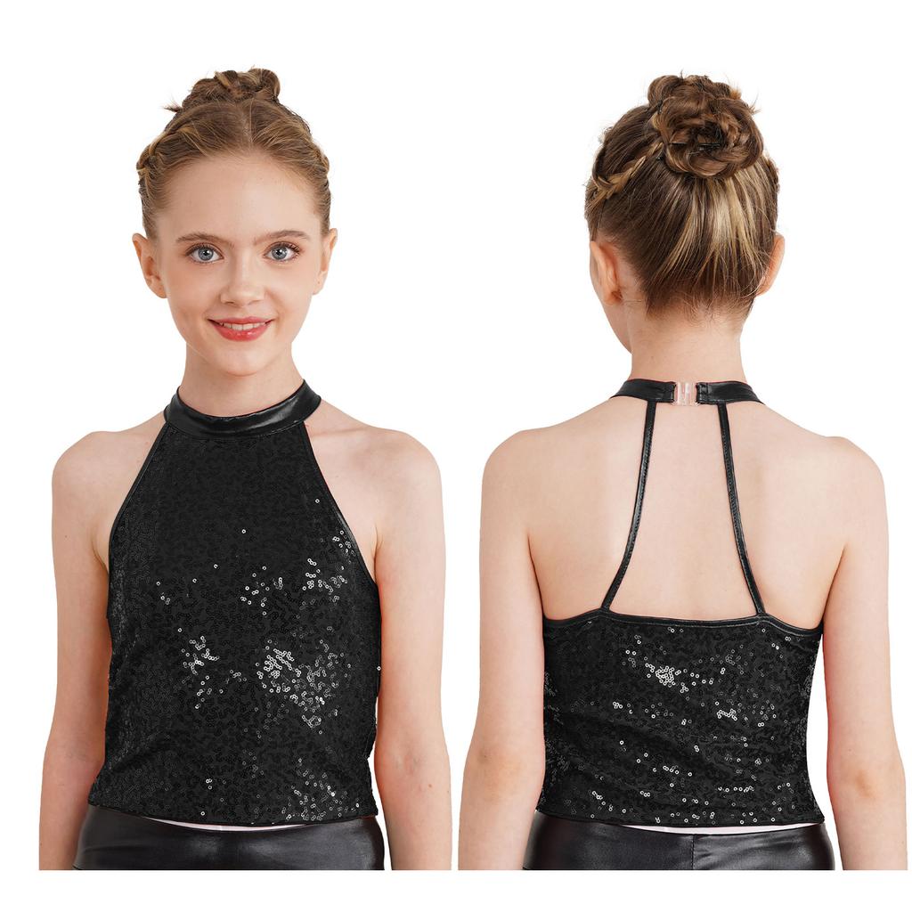 Kids Girls Sleeveless Backless Shiny Sequin Halter Crop Top for Dance Gymnastic Costume