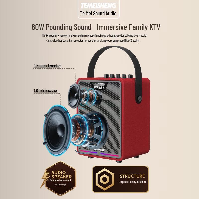 TEMEISHENG Ark V12 Portable Bluetooth Wooden Speaker with Microphone CN plug (adapter included) (CN version)