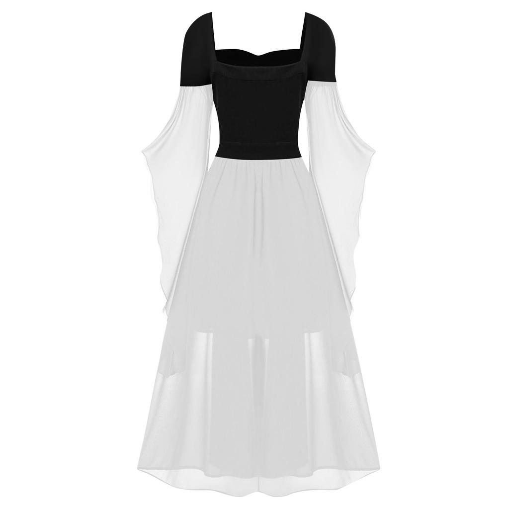 Women Casual Plus Size Cold Shoulder Dress Solid Color Lace Butterfly Sleeve Halloween Gothic Dress