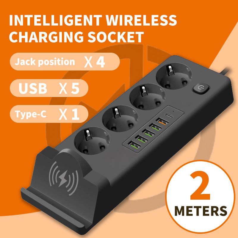 European Standard Mobile Phone Wireless Charging Strip Plug with Cable USB Socket Russian Plug Board PD Multi Socket