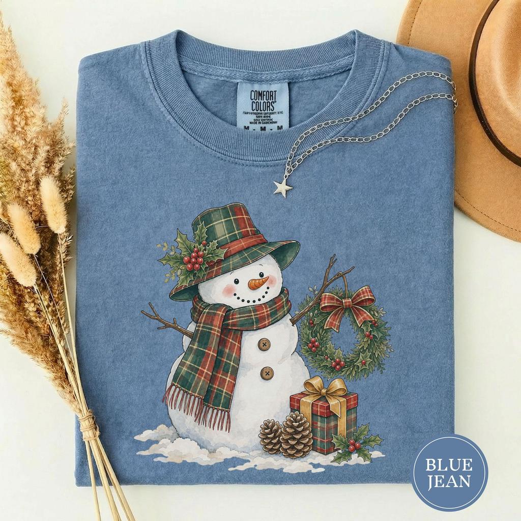 Watercolour Christmas Snowman Plaid Tee, Cozy Snowman Holiday Shirt, Plaid Hat Snowman Graphic, Festive Snowman Tee, Xmas Gift for Her