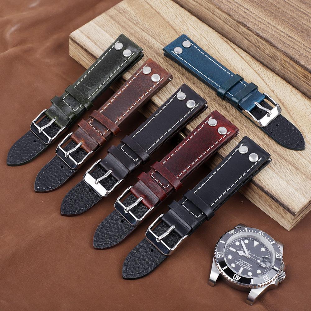 Oil Wax Genuine Leather Watch Strap 18mm-24mm Retro Rivets Bracelet Wristband Replacement Quick Release Watch Strap for Men