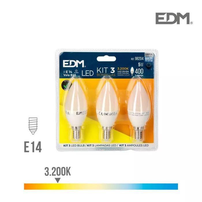 Kit 3 Ampoules Bougie LED E14 – 5W – 400lm – 3200K – Lumière Chaude – 3,6x10cm - 98204