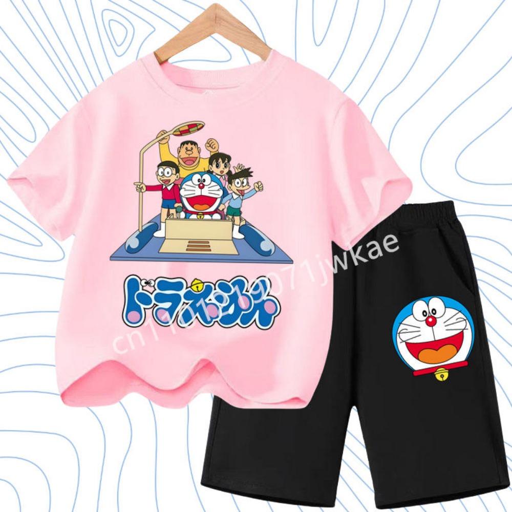 2026 Summer Clothes Birthday Gift Doraemon Children T-shirt Set Cute Cartoon Tees Boy Girl Short Sleeves Shorts 2pcs Set Kid Top