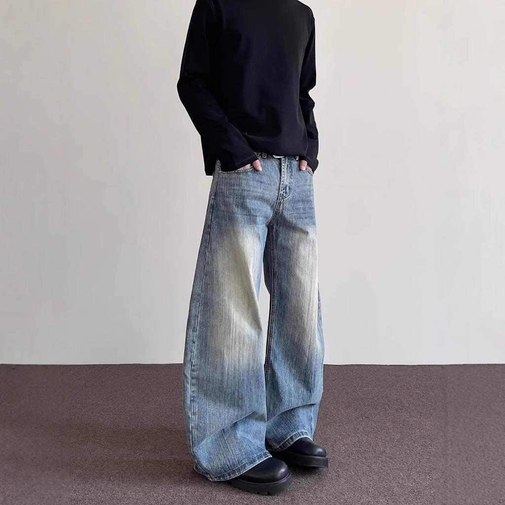 Джинсы клеш JYL для мужчин Американская ниша Вареные с фактурой Bootcut Cleanfit Свободные джинсовые брюки