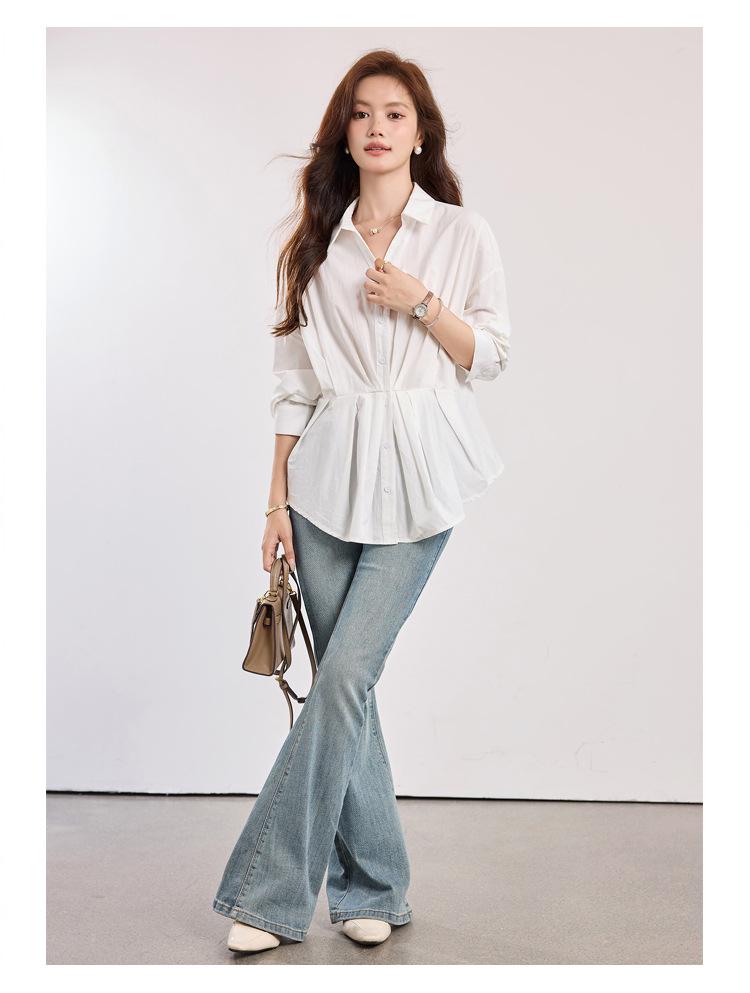 Women's French Style Slimming White Polo Neck Long Sleeve Shirt - 2026 Early Spring Collection
