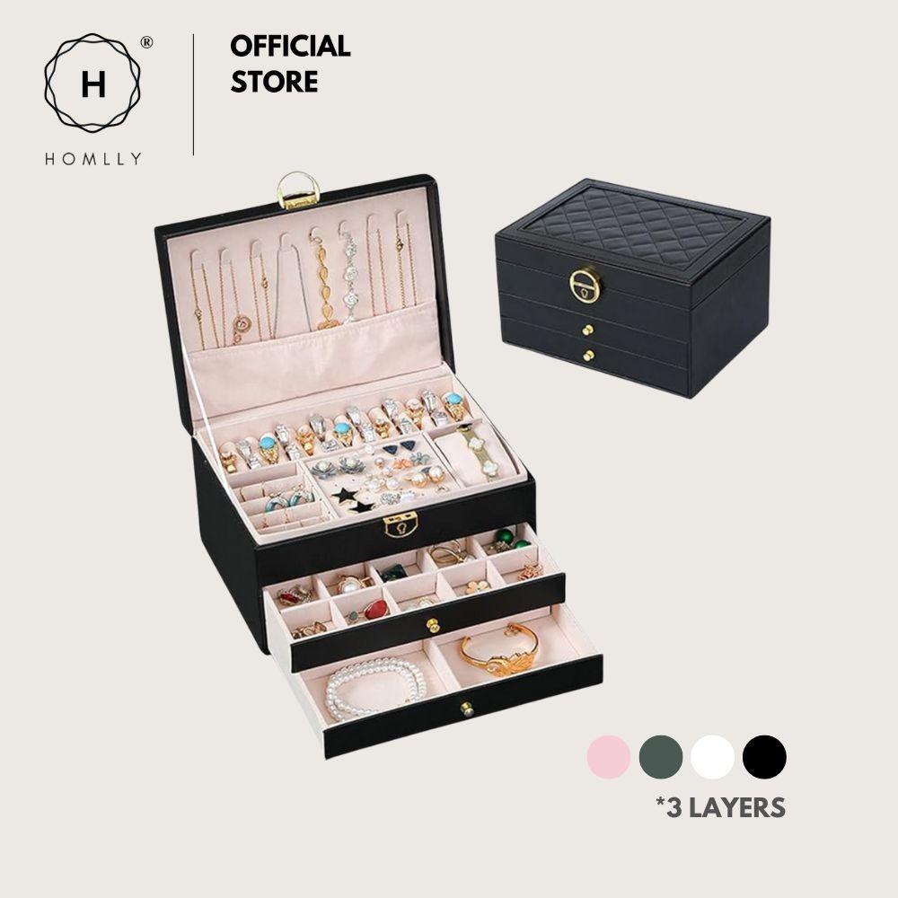 Homlly 3 Layers Jewellery Boxes for Rings, Earrings, Necklaces with Key Lock