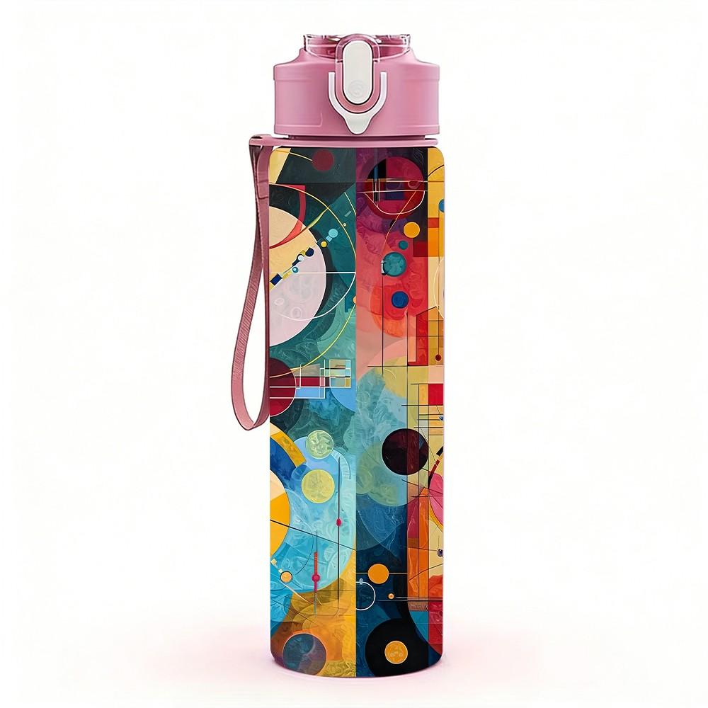 1PC Colorful Abstract Music Boombox Print 750ml Color Plastic Sports Water Bottle Leakproof Flip Straw Lid Suitable for Sports Office Home Use