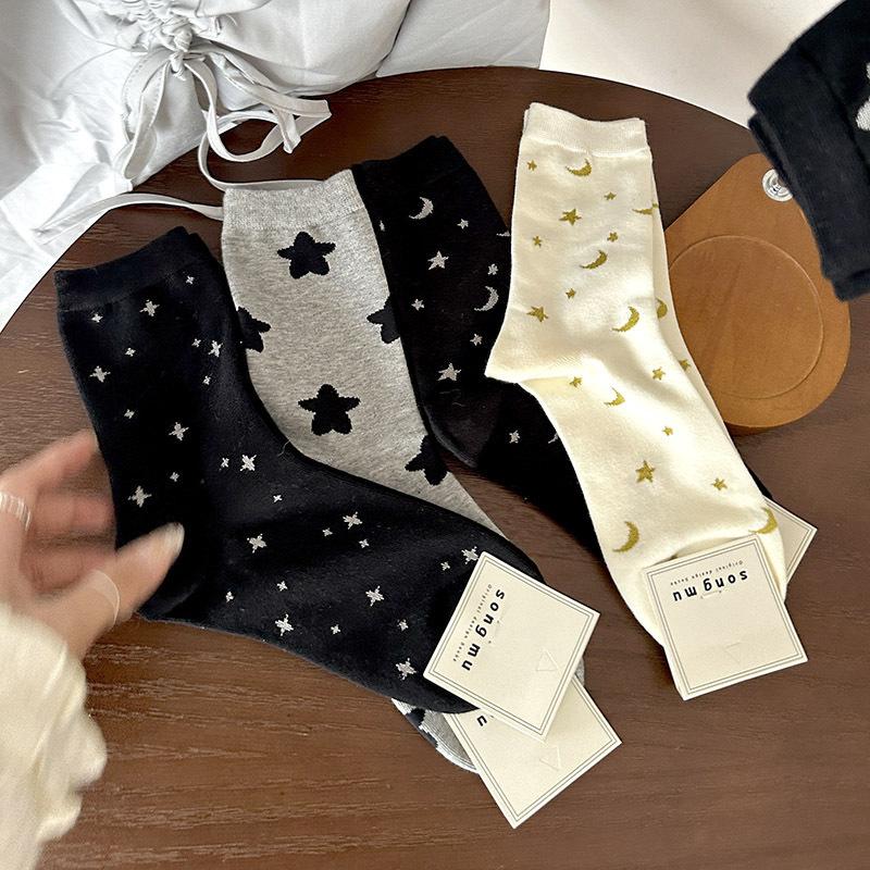 Star and Moon Polka Dot Socks for Women's Mid-calf In Autumn, Cute and Sweet Pile Socks, Trendy Long Socks