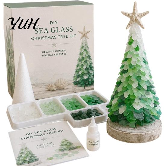 Ocean Inspired Holiday Ornaments DIY Sea Glass Christmas Tree Art Kit, 3D Coastal Xmas Craft Kit Beach Theme Home Decorations with Pieces, Handmade