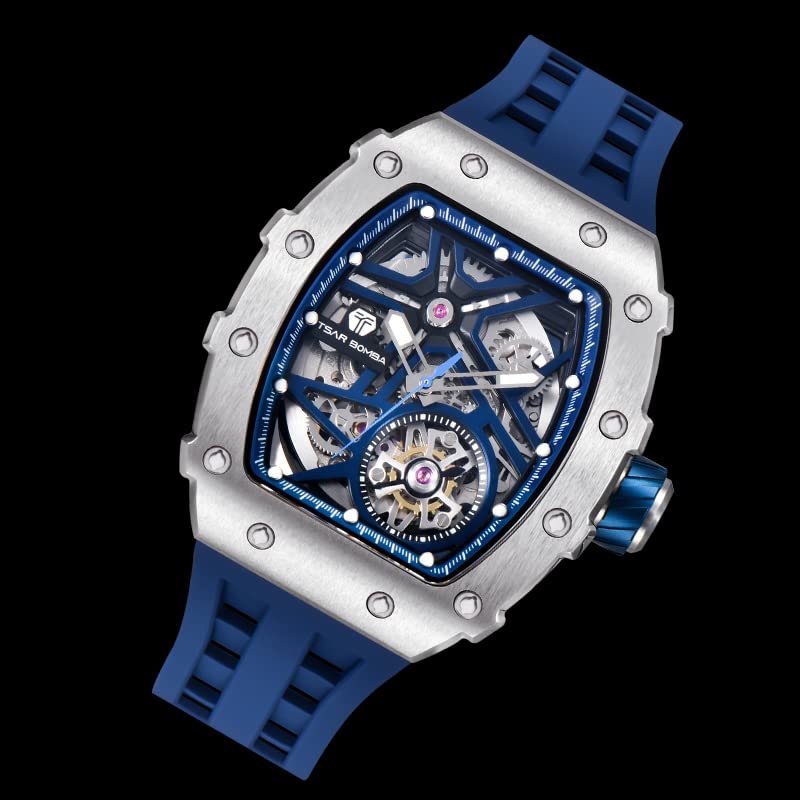 Часы TSAR BOMBA Business 50M Водонепроницаемые скелетонированные часы Стильные наручные часы из нержавеющей стали с циферблатом-бочкой для мужчин Светящийся японский механизм синего цвета