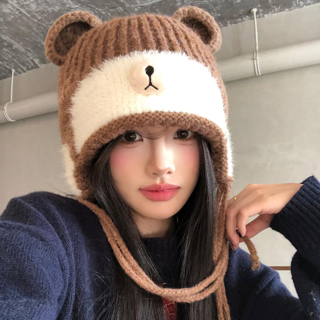 Милые ремешки с медвежьими ушками шерстяная шапка женская теплая большой обхват головы подчеркивающая лицо маленькая вязаная защита для ушей шапка Лей Фэн