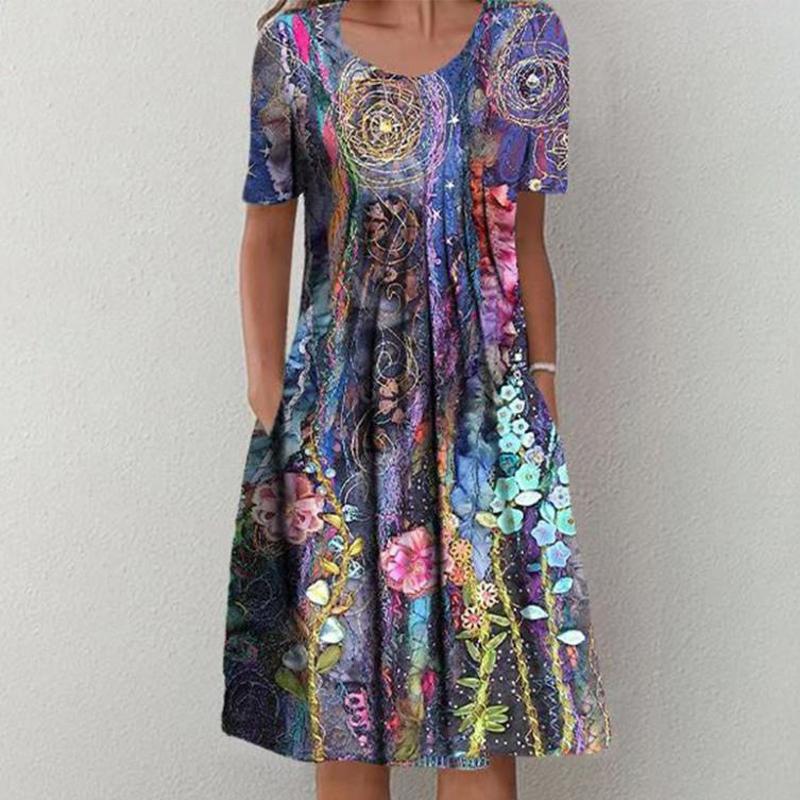 Летние женские платья для женщин с принтом, платье с круглым вырезом и коротким рукавом, ретро-платье, повседневное свободное платье