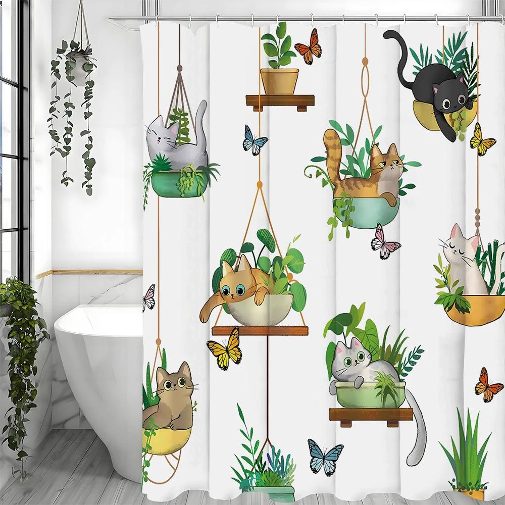 Занавеска для душа с кошкой, Подвесная подставка для растений с котятами в горшках, Декоративная занавеска для душа для ванной комнаты, Водонепроницаемая занавеска для душа с крючками