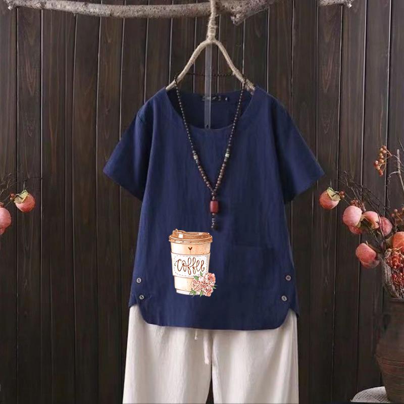 Женский летний хит продаж, стильная повседневная футболка с бесплатным графическим принтом, винтажная льняная рубашка с круглым вырезом, рубашка с короткими рукавами, топ s-4xl