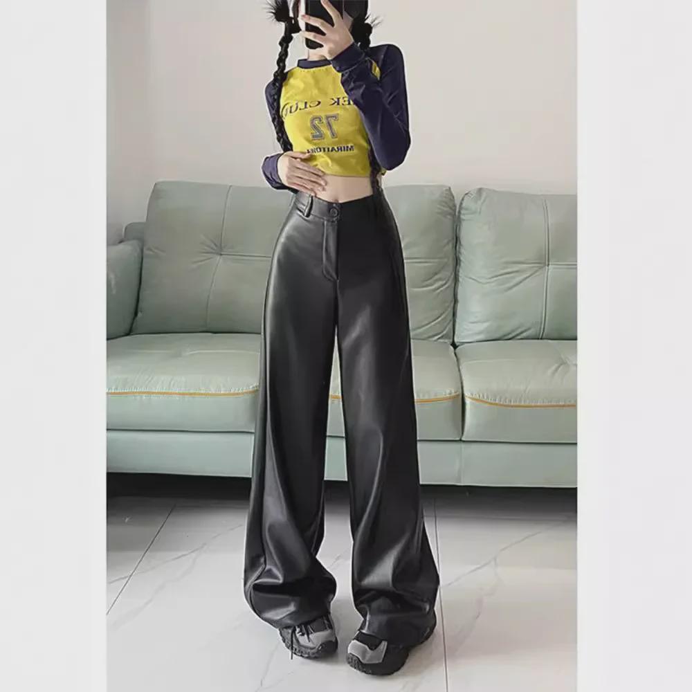 Women's High Waist Wide-Leg PU Leather Pants - Plus Size, Slim & Loose Fit for Fall