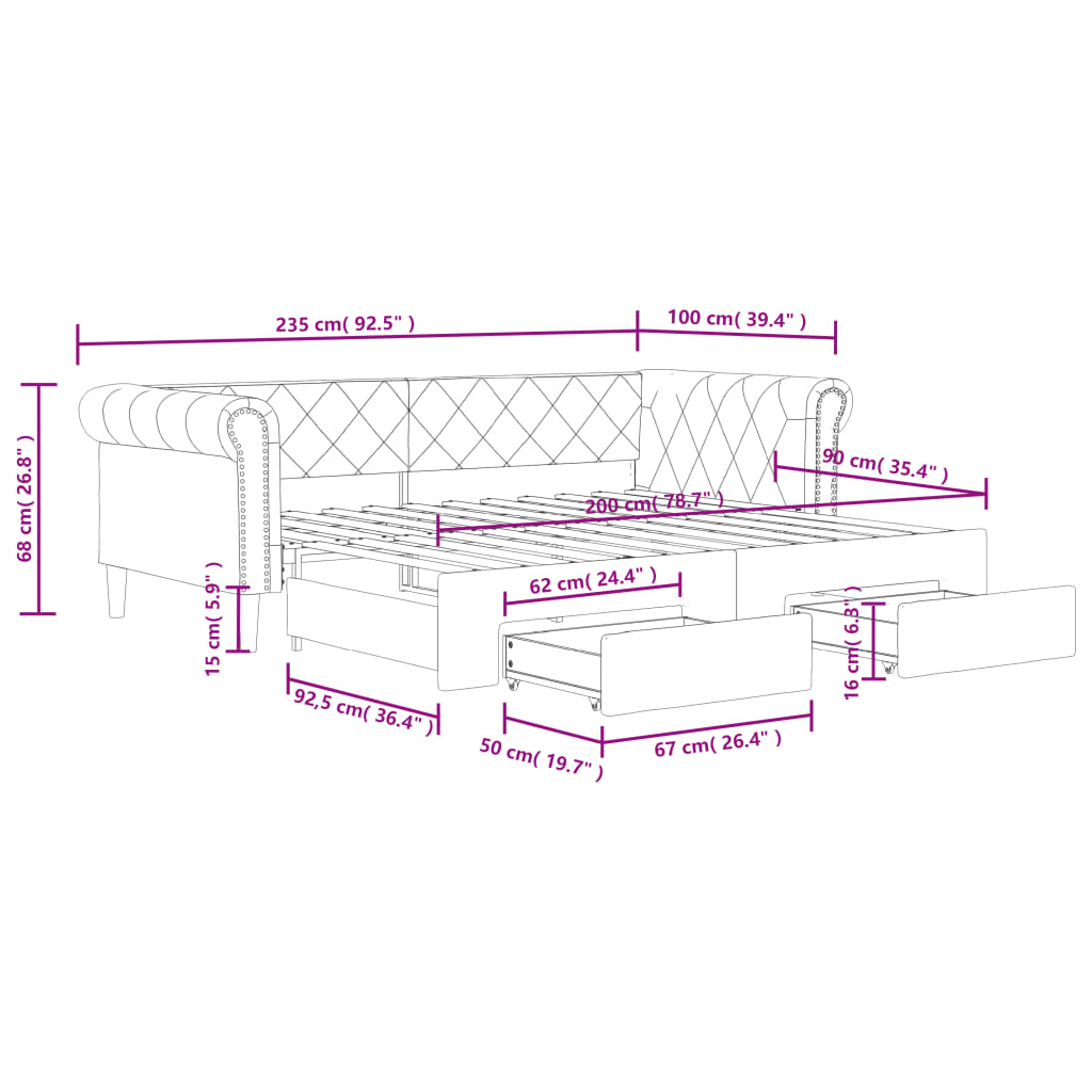 Daybed Pull out with Drawers Brown 90x200 cm Faux Leather
