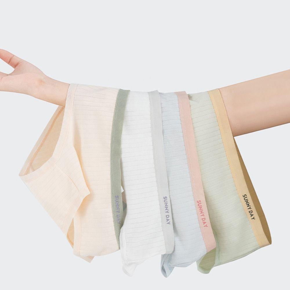 4Pcs Mid Waist Underwear for Women Letter Stripe Underpants Breathable Simple Briefs  Gifts