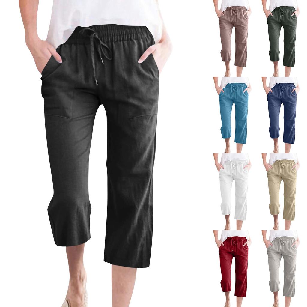 Fashion Women Fashion Casual Solid Color Drawstring Pocket Calf-Length Pants