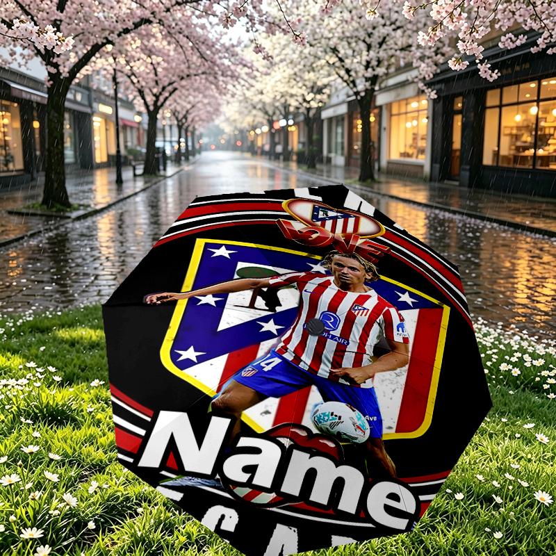 Custom Name Personalized Atletico Madrid Print Umbrella, Auto Open Close, 8‑Rib Sturdy Frame, Commute Camping Hiking Use, Birthday Gift