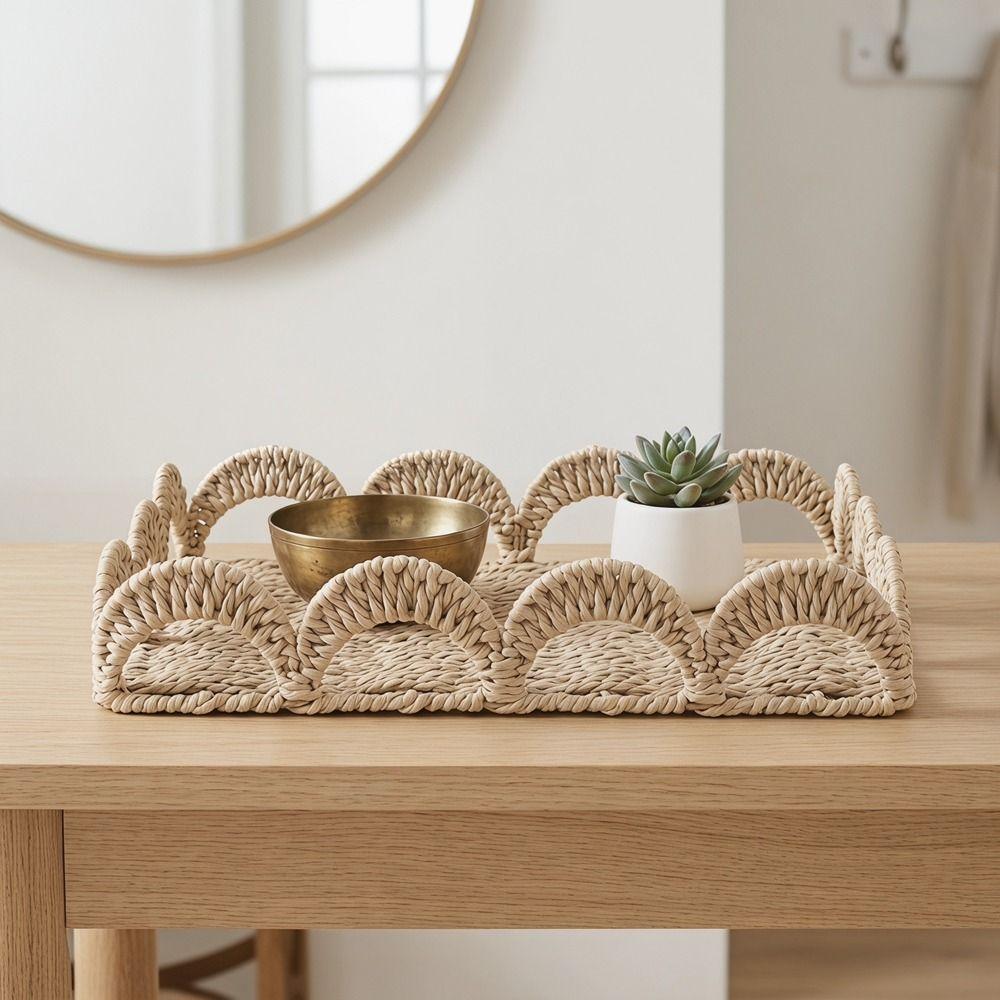 Scalloped Edge Handwoven Storage Basket Rectangular Fruit Basket Desktop Organizer Bedroom
