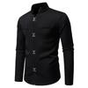 Men's Casual Solid-color Long-sleeved Shirt, Men's Slanted Front Button-down Stand-up Collar Shirt