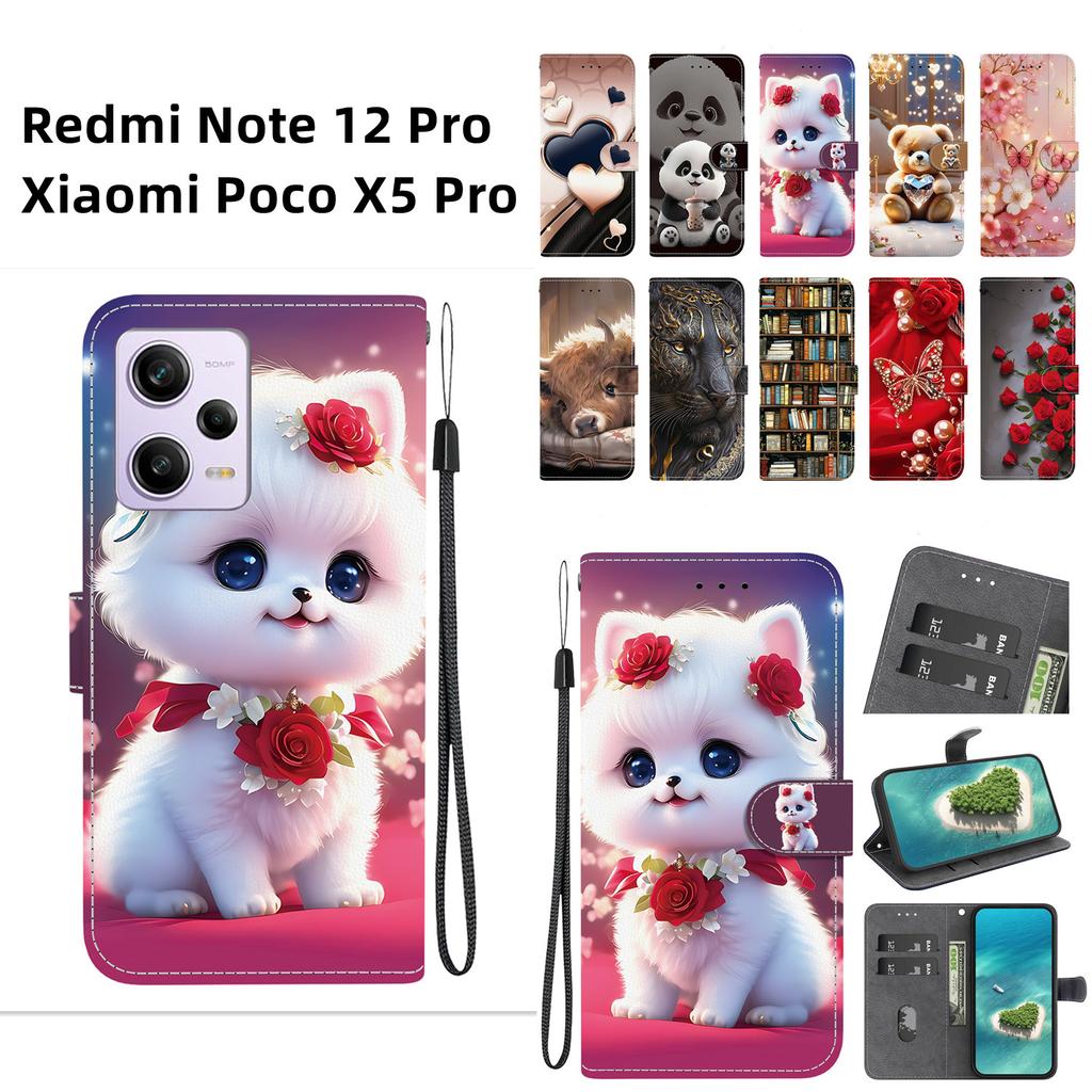 Чехол-книжка из искусственной кожи ручной работы для Redmi Note 12 Pro/Xiaomi Poco X5 Pro, противоскользящий противоударный чехол с ремешком на запястье и дизайном в виде сердца/розы/кошки