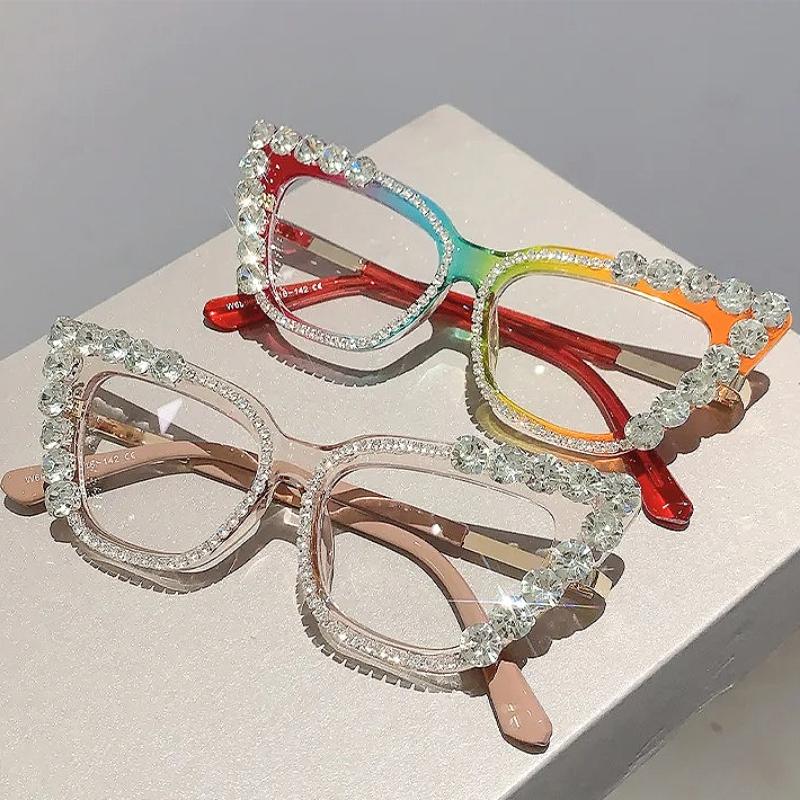Diamond Decoration Cat Eye Glasses for Women Fashion Blue Light Blocking Computer Gaming Eye Protection Classic Plain Glasses