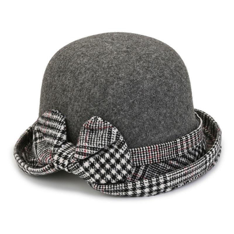 Elegant Bowknot Plaid Bucket Hat Classic French Style Solid Color Basin Hats Vintage Thick for Women Autumn & Winter