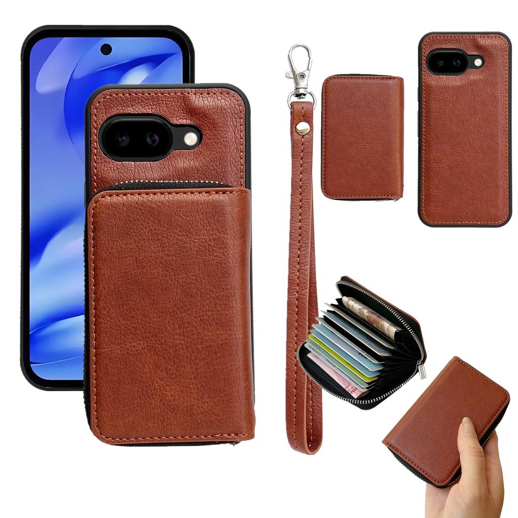 Чехол для Google Pixel 9a со съемным карманом на молнии для карт, из ПУ и ТПУ, с подставкой, чехол для телефона со шнурком