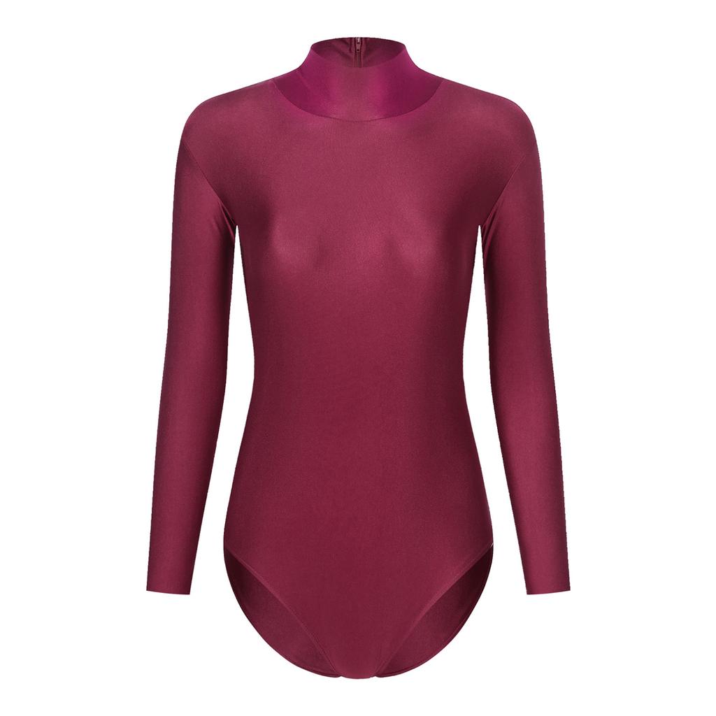 Женское боди с длинным рукавом и воротником-стойкой, однотонное эластичное трико на молнии сзади, гимнастический танцевальный комбинезон