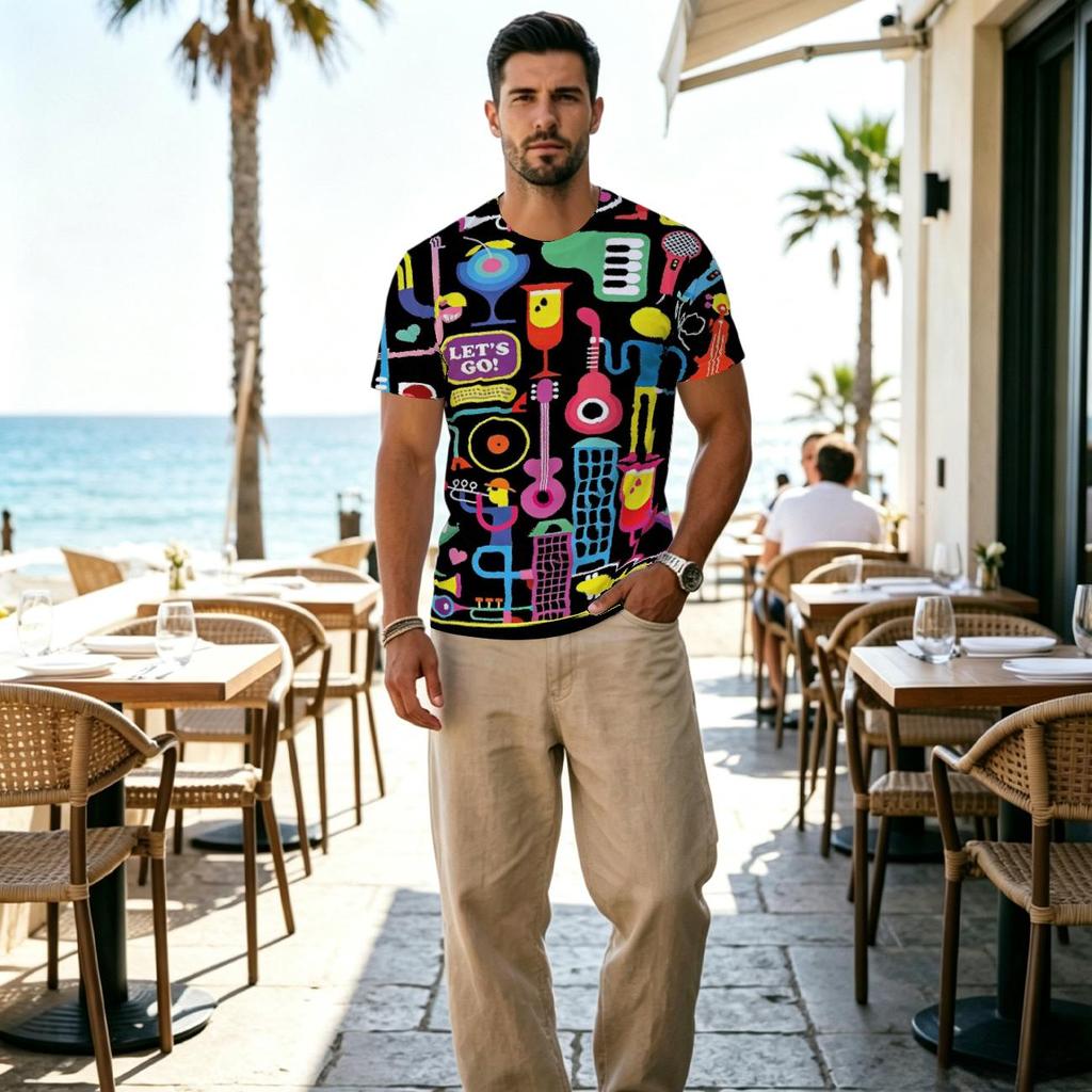 Men's Trendy 2D Print T-Shirt - Polyester, Comfortable & Versatile, Vibrant Colors for Casual & Halloween Wear