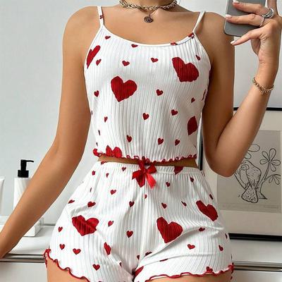 Женский пижамный комплект из 2 предметов: короткие майки и шорты, белый, вентилируемый, мягкий, повседневный, с принтом «Любовь»