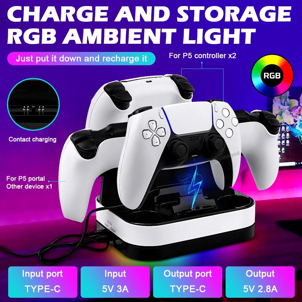 НОВИНКА для зарядной станции контроллера PS5 со светодиодным индикатором и RGB-подсветкой, двойная док-станция для контроллера PS5 и PS Portal Games Аксессуары