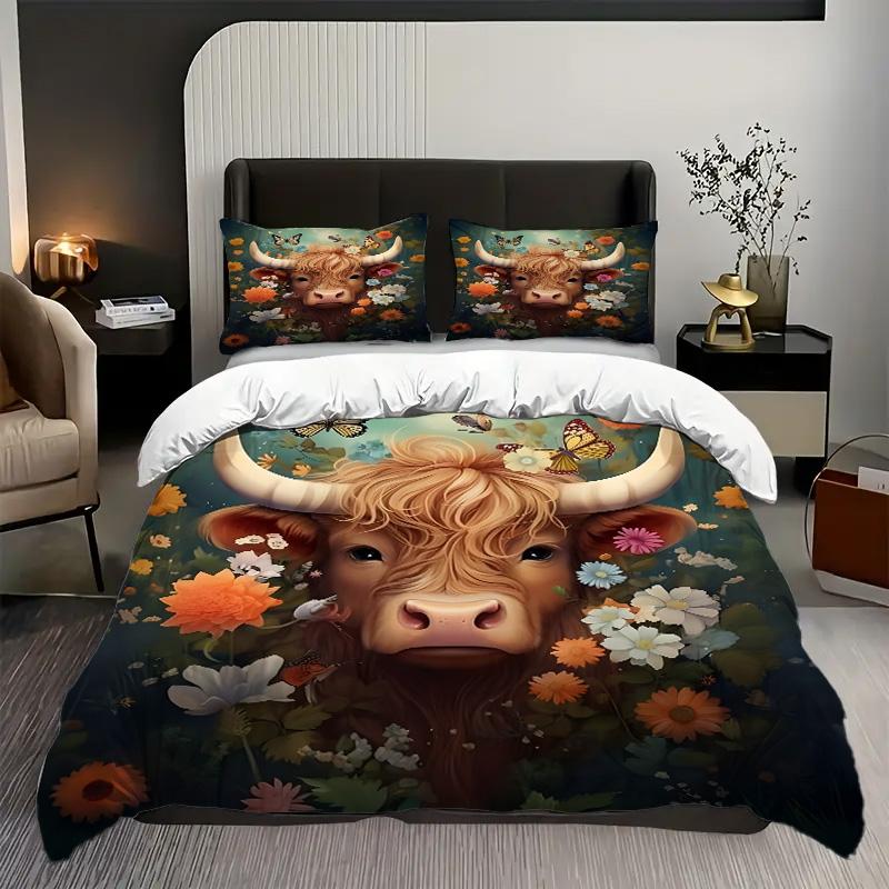 Cartoon Bull Flower 3D Printed Duvet Cover Set Lovely Wildlife Theme Bedding Set Soft Comfortable Luxury Quilt Cover Pillowcases