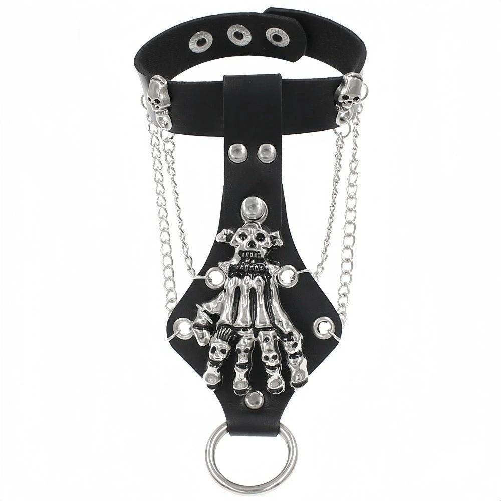 Gothic Punk Skull Wristband Adjustable Wide Chain Bracelet PU Leather Bracelet Halloween
