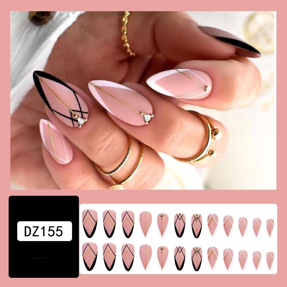 24pcs Manicure Fake Nials Press On Nails Black White Lines False Nails Long Almond French Butterfly