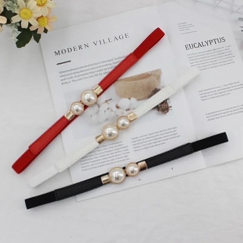 Elegant Double Pearls Buckle Elastic Women Belts Thin Straps Lady Girl Dress Skirt Decor Waistbands Trouser Dress Decoration