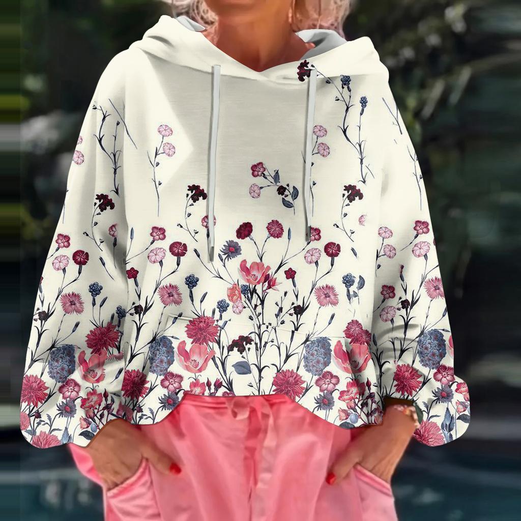 Women's Floral Print Loose Casual Long Sleeved Hooded Sweatshirt
