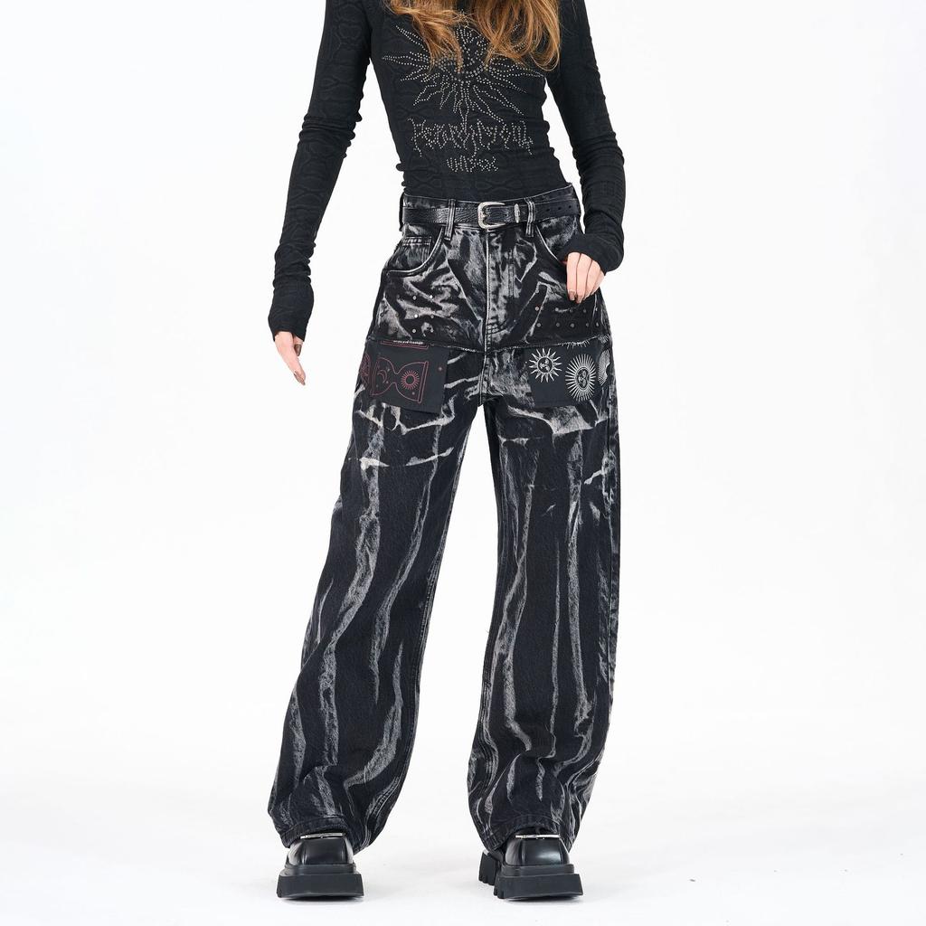 Men's clothing American high street RO wind heavy washed tie-dyed jeans high quality wide-leg pants