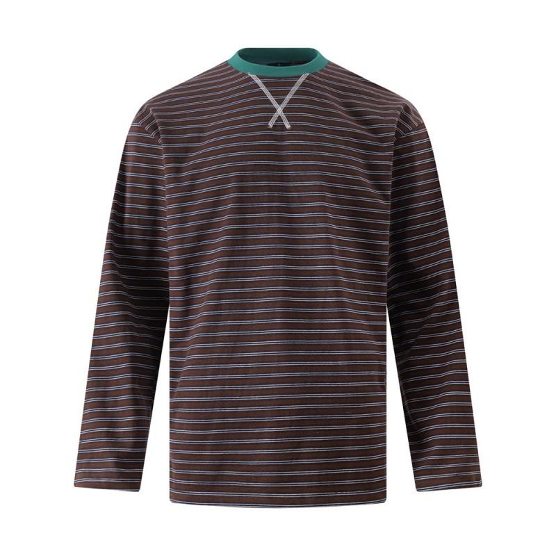 Mens Loose Fit Striped Long Sleeve T-Shirt With Side Slit Casual Round Neck Cotton Tee Streetwear Fall