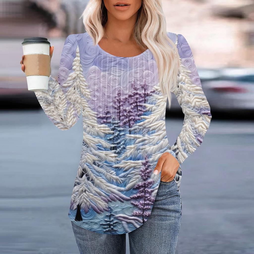 Женская повседневная и модная принтованная футболка с круглым вырезом и длинными рукавами, плиссированная футболка на Рождество