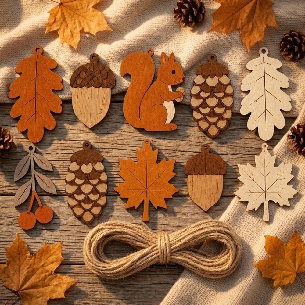 10Pcs 2D Flat Fall Wooden Garland Banner DIY Craft Autumn Leaf Hanging Decor Home Wall Decor